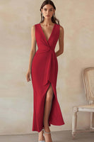 Laden Sie das Bild in den Galerie-Viewer, Himmelblaues Langes Arbeitskleid aus Satin mit V-Ausschnitt und Schlitz