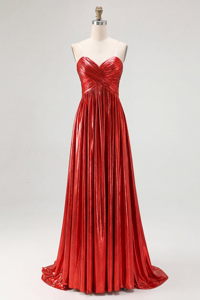 Laden Sie das Bild in den Galerie-Viewer, Schickes Goldenes A-Linie Satin Ballkleid mit Falten