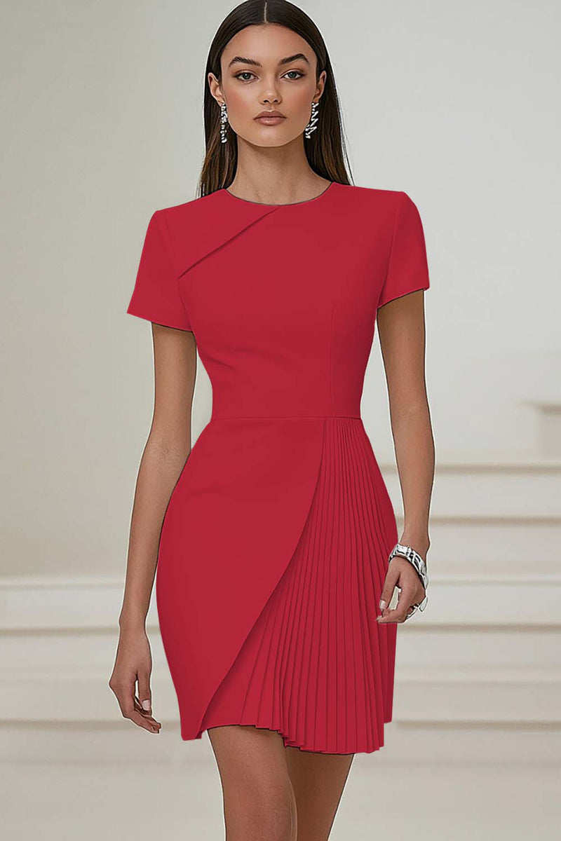 Laden Sie das Bild in den Galerie-Viewer, Elfenbein Plissiertes Rundhals Arbeitskleid mit kurzen Ärmeln