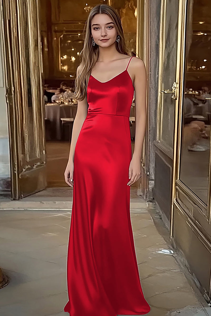 Laden Sie das Bild in den Galerie-Viewer, Spaghettiträger Kaffee Satin Langes Ballkleid