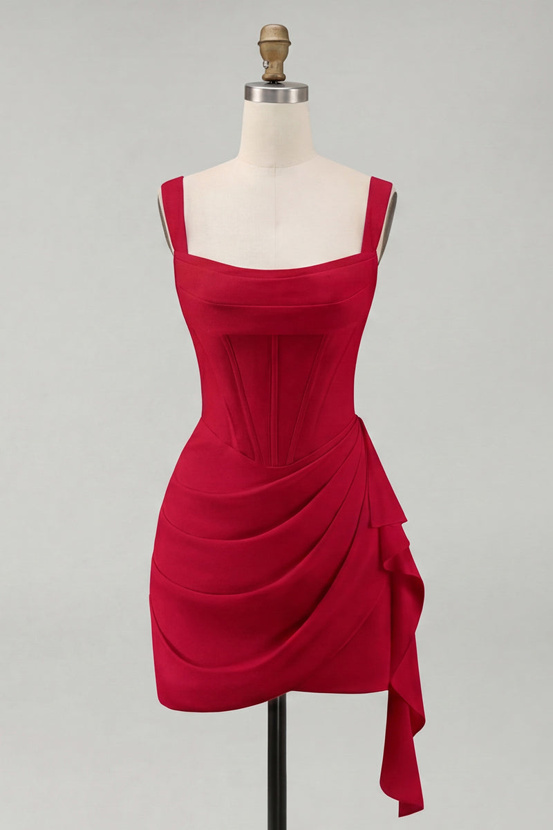 Laden Sie das Bild in den Galerie-Viewer, Tüll Elfenbein Korsett Quadratischer Ausschnitt Gerafftes Bodycon Mini Standesamt Kleid mit Rüschen