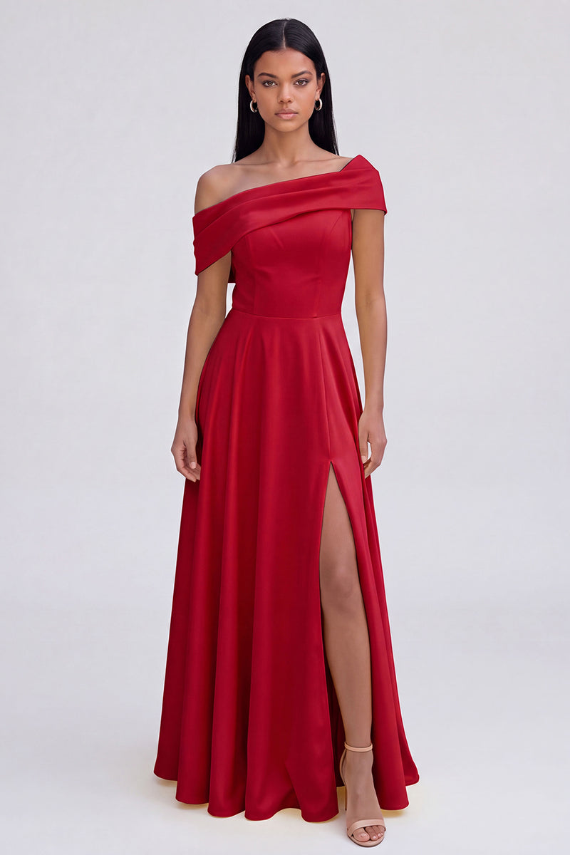 Laden Sie das Bild in den Galerie-Viewer, Gelbes A-Linie Maxikleid mit Einschultern und Schlitz