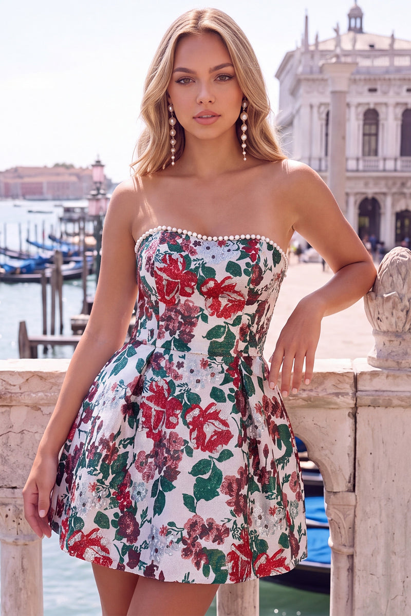 Laden Sie das Bild in den Galerie-Viewer, Sweetheart Rosa Blume A-Linie Jacquard Pearls Kurzes Abendkleid mit Schleife