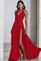 Laden Sie das Bild in den Galerie-Viewer, Schwarzes A-Linie Neckholder Chiffon Langes Plissiertes Ballkleid