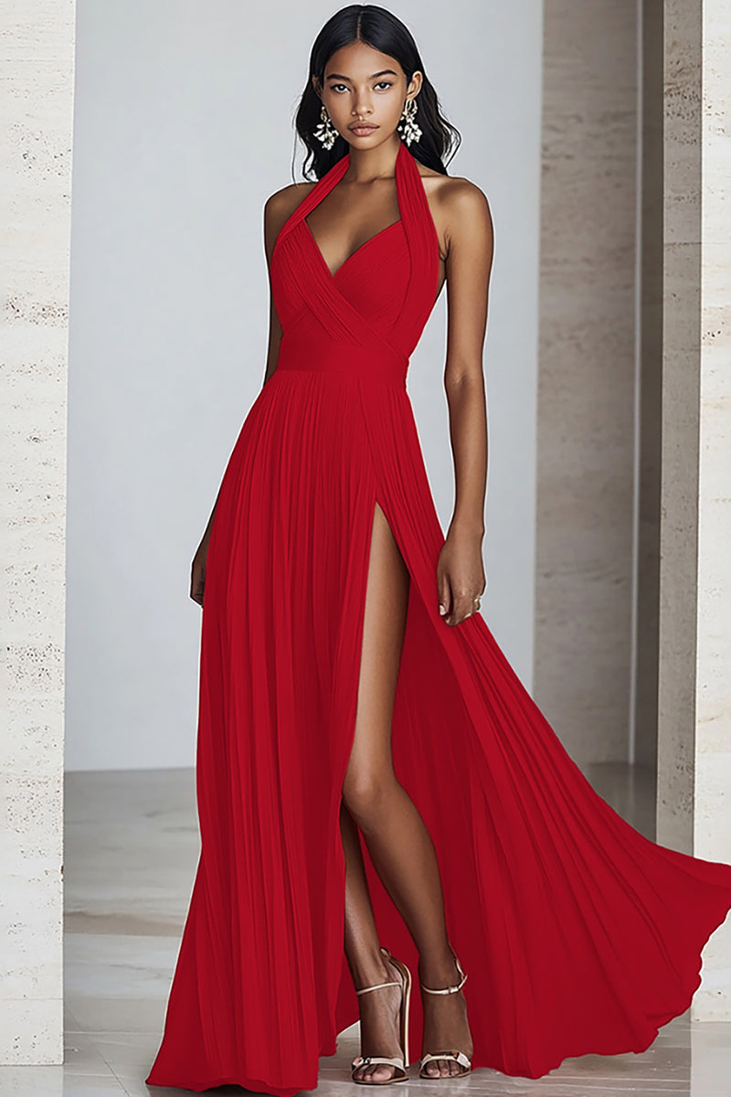 Laden Sie das Bild in den Galerie-Viewer, Schwarzes A-Linie Neckholder Chiffon Langes Plissiertes Ballkleid