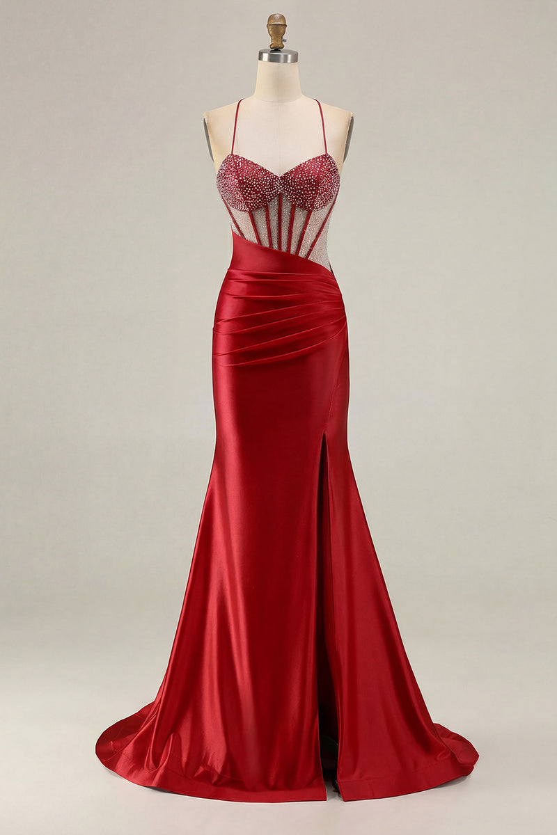 Laden Sie das Bild in den Galerie-Viewer, Rosa Perlen Meerjungfrauen Spaghettiträger Korsett Gerafftes Langes Ballkleid mit Schlitz