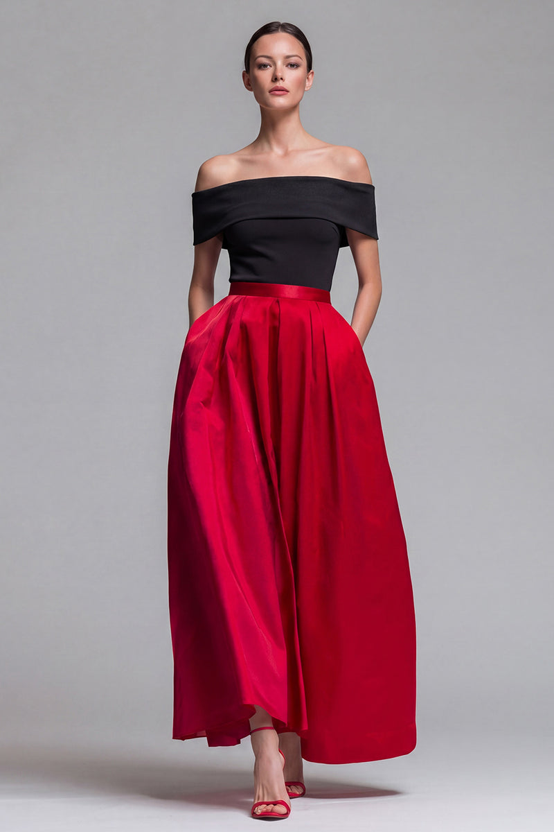 Laden Sie das Bild in den Galerie-Viewer, Schulterfreies Fuchsia und Rot A-Linie Midi Festkleid