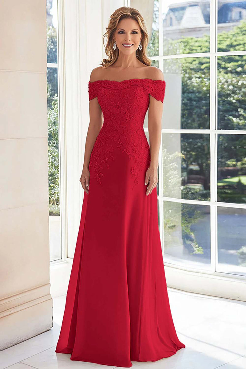 Laden Sie das Bild in den Galerie-Viewer, Elegantes Schulterfreies Chiffon Etui Langes Brautmutterkleid mit Spitzenapplikationen