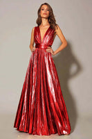 Laden Sie das Bild in den Galerie-Viewer, Goldenes Metallic A-Linie Plissee Ballkleid