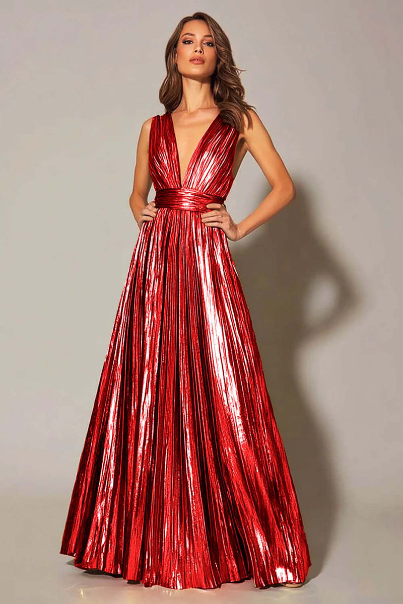 Laden Sie das Bild in den Galerie-Viewer, Goldenes Metallic A-Linie Plissee Ballkleid