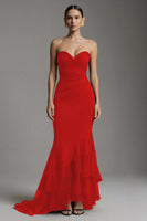 Laden Sie das Bild in den Galerie-Viewer, Schwarzes Herzausschnitt Mermaid Sweep Train Langes Ballkleid mit Rüschen