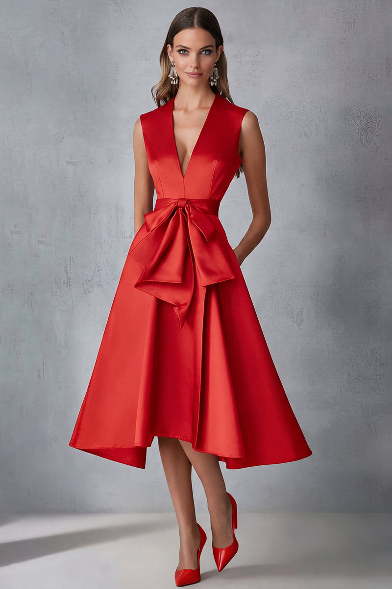 Laden Sie das Bild in den Galerie-Viewer, Fuchsia Satin V-Ausschnitt A-Linie Kleid für Hochzeitsgäste