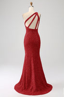 Laden Sie das Bild in den Galerie-Viewer, Mermaid Eine Schulter Fuchsia Pailletten Langes Ballkleid mit Schlitz