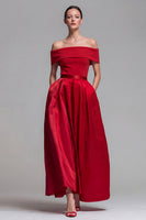 Laden Sie das Bild in den Galerie-Viewer, Schulterfreies Fuchsia und Rot A-Linie Midi Festkleid