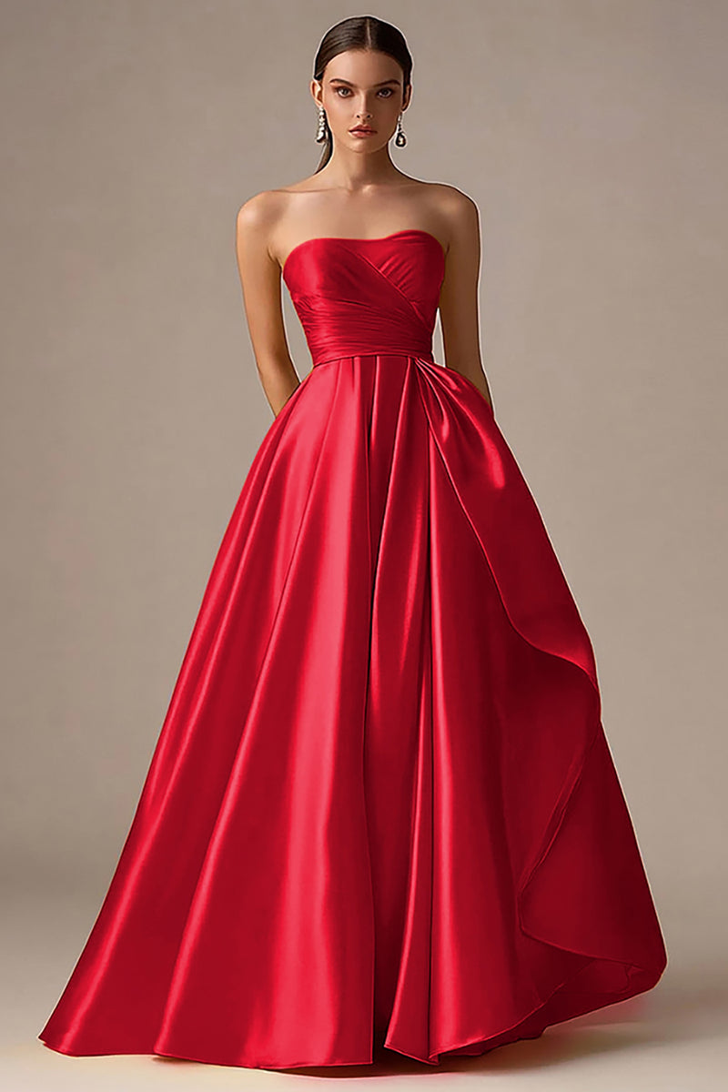 Laden Sie das Bild in den Galerie-Viewer, Gelbes Langes Trägerloses A-Linie Satin Ballkleid