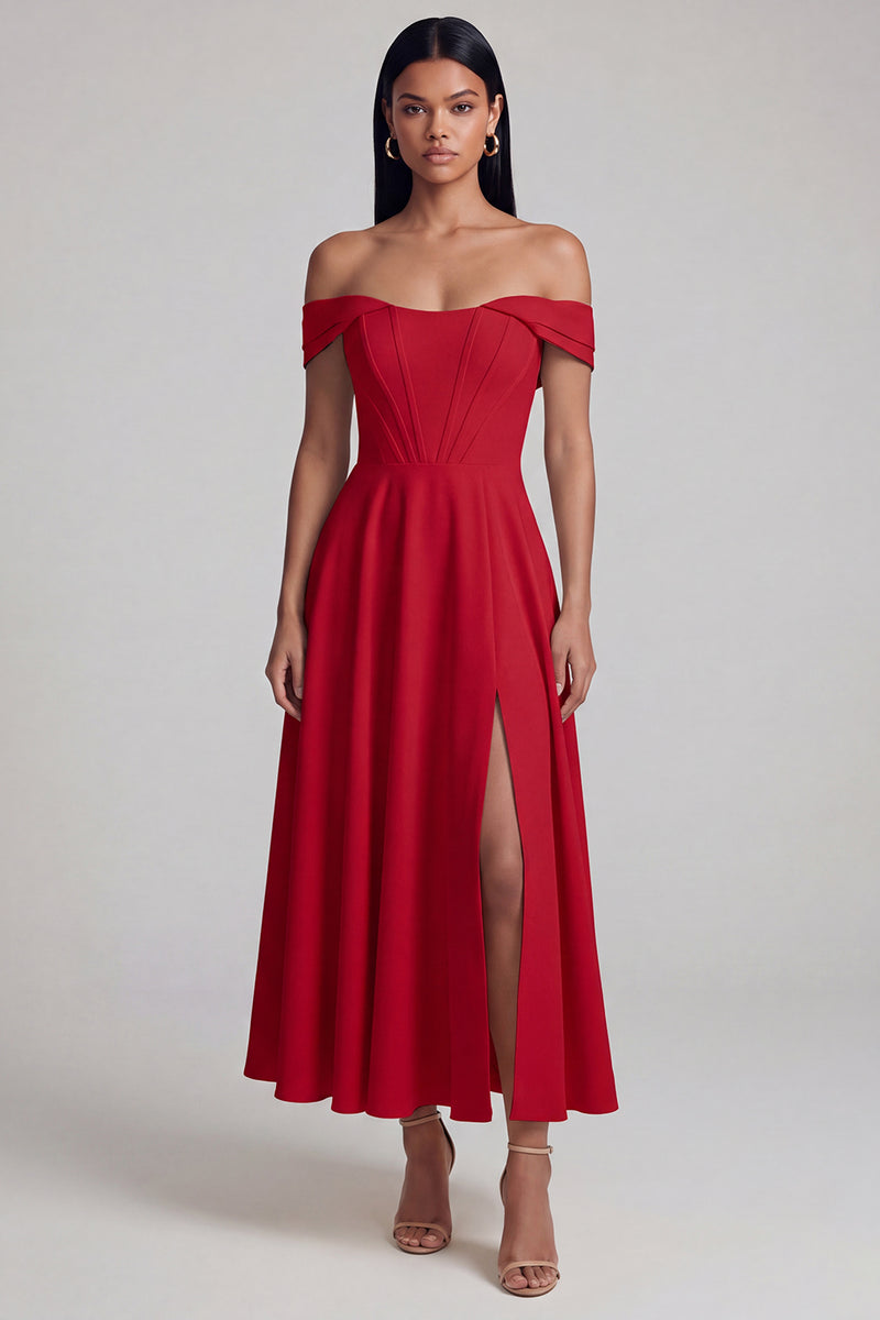 Laden Sie das Bild in den Galerie-Viewer, A-Linien-Off-the-shoulder gelbes Korsett-Maxikleid mit Schlitz