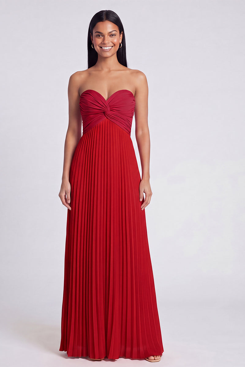 Laden Sie das Bild in den Galerie-Viewer, A-Linie Rosa und Orange Sweetheart Plissiertes Maxikleid mit Schleife