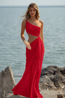 Laden Sie das Bild in den Galerie-Viewer, Weißes Etui Langes Boho Strandkleid mit einer Schulter und Rüschen