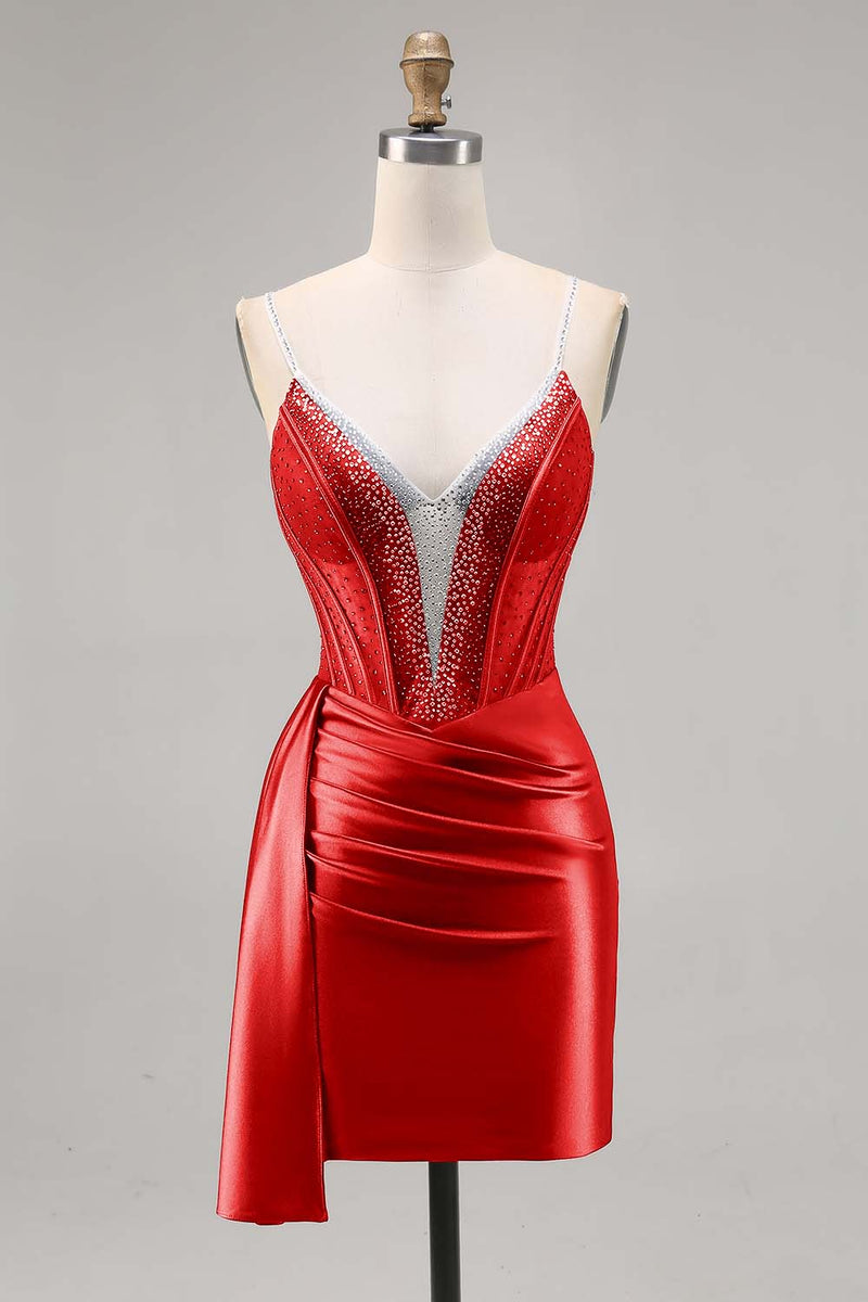 Laden Sie das Bild in den Galerie-Viewer, Marineblaues Satin Korsett Cocktailkleid mit Perlen und Schärpe