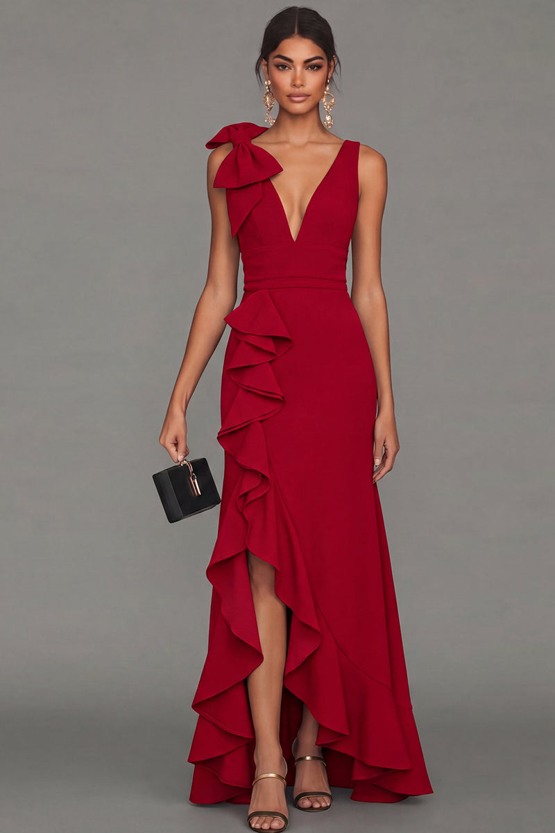 Laden Sie das Bild in den Galerie-Viewer, Schwarzes V-Ausschnitt Rüschen Langes Festkleid mit Schlitz