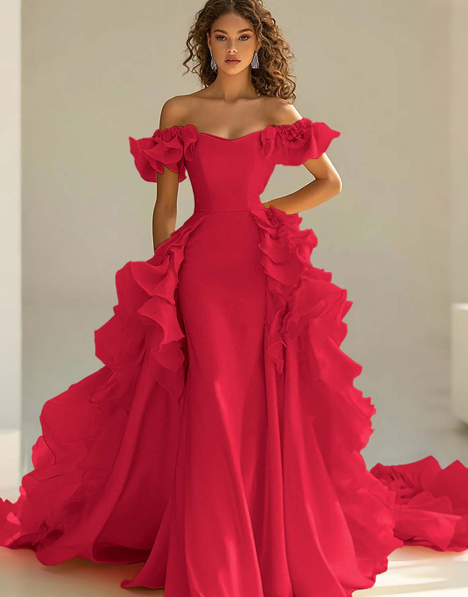 Laden Sie das Bild in den Galerie-Viewer, Gelbes schulterfreies Meerjungfrauen-Satinkleid mit Rüschen