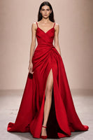 Laden Sie das Bild in den Galerie-Viewer, Dunkelblaues Spaghettiträgern Abendkleid aus Satin in A-Linie mit Schlitz