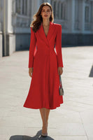 Laden Sie das Bild in den Galerie-Viewer, Himmelblaues Midi A-Linie Blazerkleid mit Satin Schal und Revers und Ärmeln