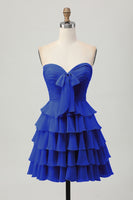 Laden Sie das Bild in den Galerie-Viewer, Gelbes Trägerloses A-Linie Stufen Cocktailkleid mit Schleife