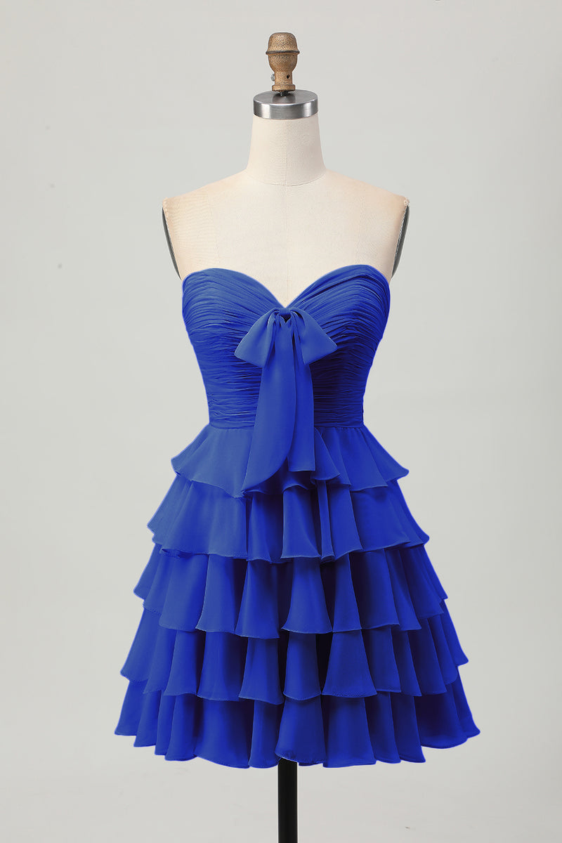 Laden Sie das Bild in den Galerie-Viewer, Gelbes Trägerloses A-Linie Stufen Cocktailkleid mit Schleife