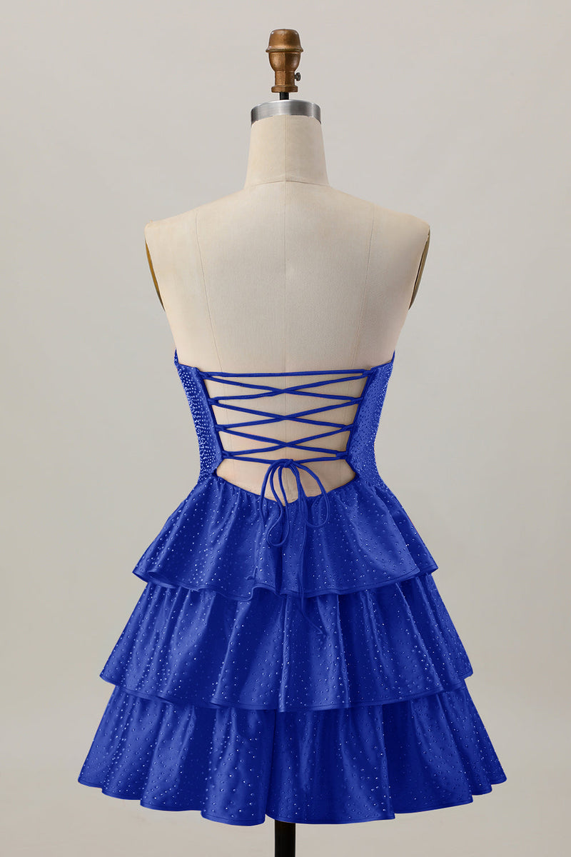 Laden Sie das Bild in den Galerie-Viewer, Orange A-Linie Trägerloses Gestuftes Abiballkleid mit Perlenstickerei