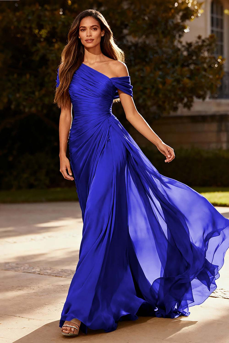 Laden Sie das Bild in den Galerie-Viewer, Dusty Sage Chiffon Eine Schulter A Linie Plissee Langes Abendkleid