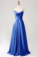 Laden Sie das Bild in den Galerie-Viewer, Staubiger Salbei A Linie Wasserfallausschnitt Satin Langes Ballkleid mit Plissee