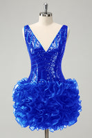 Laden Sie das Bild in den Galerie-Viewer, Glitzerndes dunkelgrünes Paillettenkleid mit V-Ausschnitt und abnehmbaren Rüschen