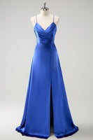 Laden Sie das Bild in den Galerie-Viewer, Dunkelgrünes langes A-Linie Satin Brautjungfernkleid mit Rüsche und Schnürung