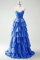 Laden Sie das Bild in den Galerie-Viewer, Burgundy Prinzessinnen Herzausschnitt Perlenbesetztes Gestuftes Korsett Langes Ballkleid mit Schlitz