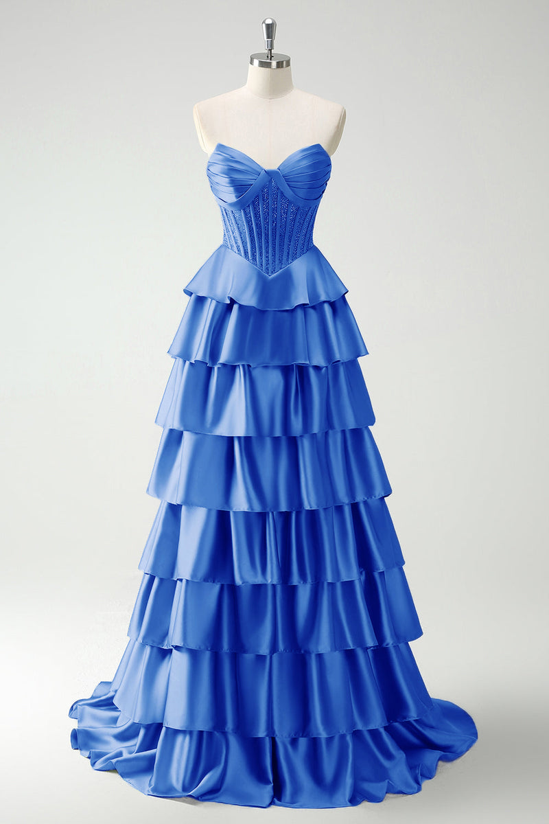 Laden Sie das Bild in den Galerie-Viewer, Burgundy Prinzessinnen Herzausschnitt Perlenbesetztes Gestuftes Korsett Langes Ballkleid mit Schlitz