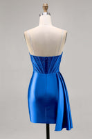Laden Sie das Bild in den Galerie-Viewer, Marineblaues Satin Korsett Cocktailkleid mit Perlen und Schärpe