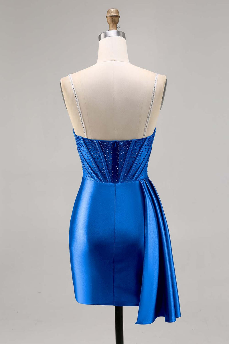 Laden Sie das Bild in den Galerie-Viewer, Marineblaues Satin Korsett Cocktailkleid mit Perlen und Schärpe