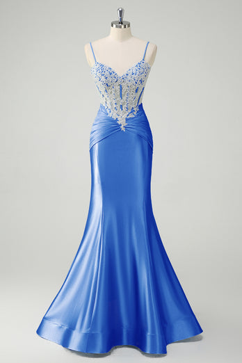 Blaue Meerjungfrau Spaghettiträger Korsett Appliziertes Ballkleid