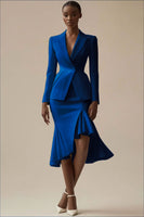 Laden Sie das Bild in den Galerie-Viewer, Elfenbein 2-teiliges Midi Arbeitskleid mit spitzem Revers und Rüschen