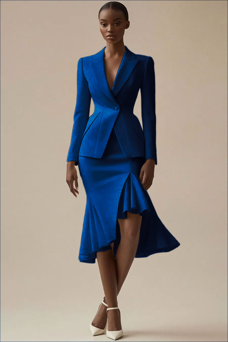 Laden Sie das Bild in den Galerie-Viewer, Elfenbein 2-teiliges Midi Arbeitskleid mit spitzem Revers und Rüschen