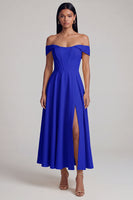 Laden Sie das Bild in den Galerie-Viewer, A-Linien-Off-the-shoulder gelbes Korsett-Maxikleid mit Schlitz
