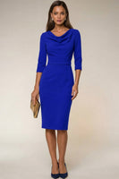 Laden Sie das Bild in den Galerie-Viewer, Cowl Neck Navy Bodycon 3/4 Ärmel Midi Arbeitskleid mit Schlitz