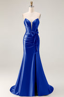 Laden Sie das Bild in den Galerie-Viewer, Marineblaues Meerjungfrau Trägerloses Perlenbesetztes Korsett Abendkleid mit Rüschen und Schleife