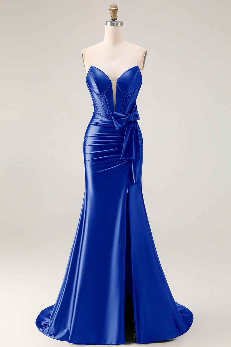 Laden Sie das Bild in den Galerie-Viewer, Marineblaues Meerjungfrau Trägerloses Perlenbesetztes Korsett Abendkleid mit Rüschen und Schleife