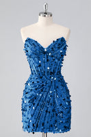 Laden Sie das Bild in den Galerie-Viewer, Glitzerndes Fuchsia Kurzes Trägerloses Enges Korsett Pailletten Cocktailkleid mit Perlenstickerei