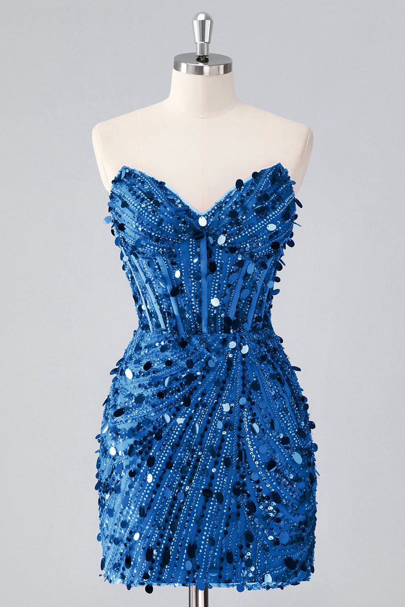 Laden Sie das Bild in den Galerie-Viewer, Glitzerndes Fuchsia Kurzes Trägerloses Enges Korsett Pailletten Cocktailkleid mit Perlenstickerei