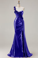 Laden Sie das Bild in den Galerie-Viewer, Metallisches Burgunderrotes Meerjungfrauen Langes Ballkleid mit seitlichem Schlitz und 3D-Blumen