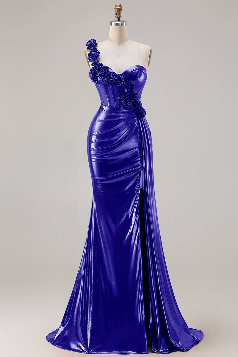 Laden Sie das Bild in den Galerie-Viewer, Metallisches Burgunderrotes Meerjungfrauen Langes Ballkleid mit seitlichem Schlitz und 3D-Blumen