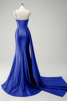 Laden Sie das Bild in den Galerie-Viewer, Glitzerndes dunkelgrünes Meerjungfrauen Pailletten Satin Abendkleid mit Schlitz